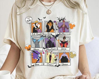 Camiseta de Halloween con disfraz de villanos de Disney, camiseta retro con panel de chicas malas y chicos malos, Maléfica, Hades, camiseta de Halloween de Disneyland a juego.