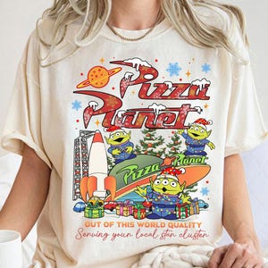 Disney Pixar Toy Story Vintage Pizza Planet Aliens Christmas shirt, Aliens Toy Story Pizza Plane Christmas Lights Santa Hat Shirt