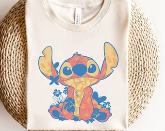 Disney Lilo And Stitch Cute Stitch in Hawaiian Floral Print Graphic Shirt, Disney Family Matching Shirt, Disneyland Trip Outfits