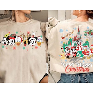 Chemise illuminations de Noël Disney Mickey et ses amis recto-verso, t-shirt ballon château de Noël Disney, t-shirt fête très joyeux Noël 2025 de Mickey