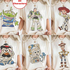 Vintage Disney Pixar Toy Story 5 Mummy Skeleton Halloween Tee, Buzz Lightyear Woody Jessie Slinky Rex Lilypad Tee, TS Halloween Costume Tee image 1