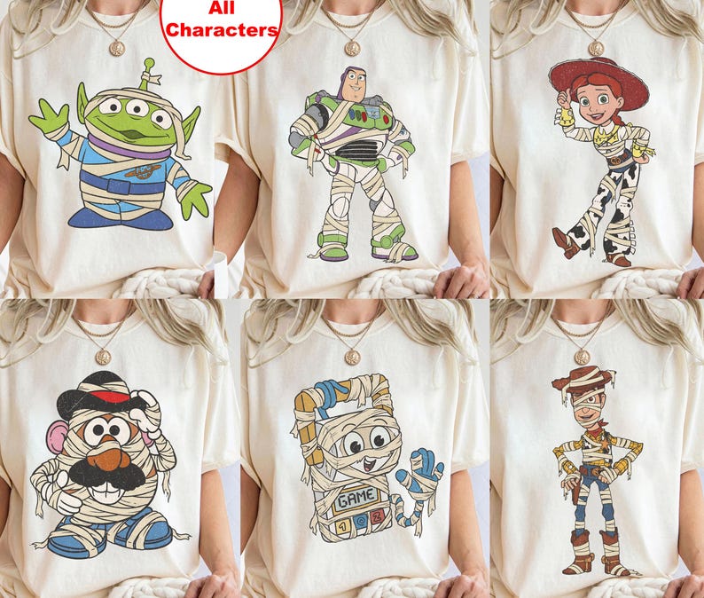 Vintage Disney Pixar Toy Story 5 Mummy Skeleton Halloween Tee, Buzz Lightyear Woody Jessie Slinky Rex Lilypad Tee, TS Halloween Costume Tee image 1