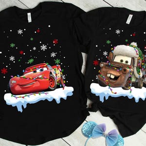 Disney Pixar Cars Lightning McQueen and Tow Mater Christmas Lights Holidays T-Shirt, Cars Xmas Shirt, Disneyland Christmas Matching Shirts image 1