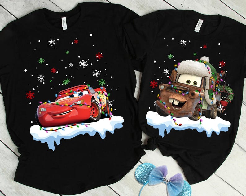 Disney Pixar Cars Lightning McQueen and Tow Mater Christmas Lights Holidays T-Shirt, Cars Xmas Shirt, Disneyland Christmas Matching Shirts image 1