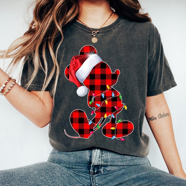 Disney Mickey Mouse Buffalo Plaid Christmas Lights Shirt, Santa Mickey Shirt, Disneyland Christmas Matching Family Shirts, Christmas Squad