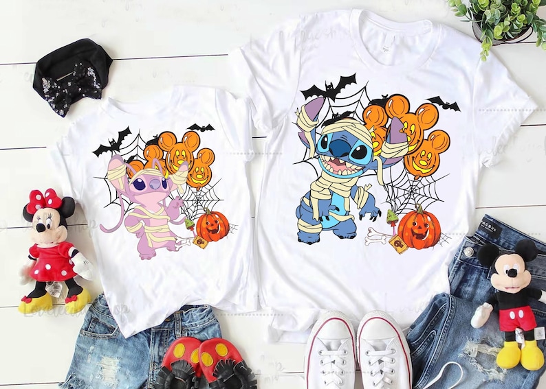 Disney Stitch and Angel Mummy Halloween Costume Shirt, Lilo and Stitch Halloween Shirt, Disneyland Halloween Family Matching Shirt image 1