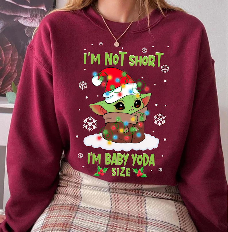 Star Wars Baby Yoda I'm Not Short Santa Hat Christmas Lights Holiday T-shirt, Disneyland Christmas Matching Family Shirts, Christmas Squad image 1