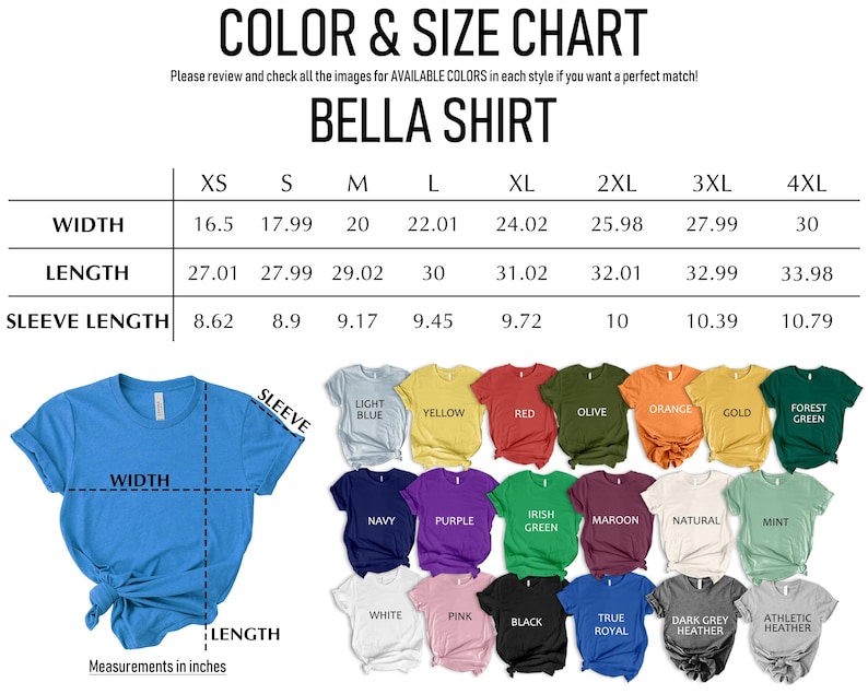 The image is a color and size chart for a blue t-shirt, showing the available colors and corresponding sizes in inches.