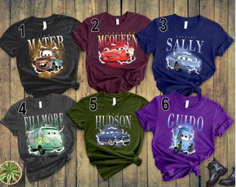 Disney Cars All Characters Graphic Poster Shirt, Lightning McQueen, Tow Mater, Sally, Hudson, Fillmore, Guido, Disney Family Matching Shirt