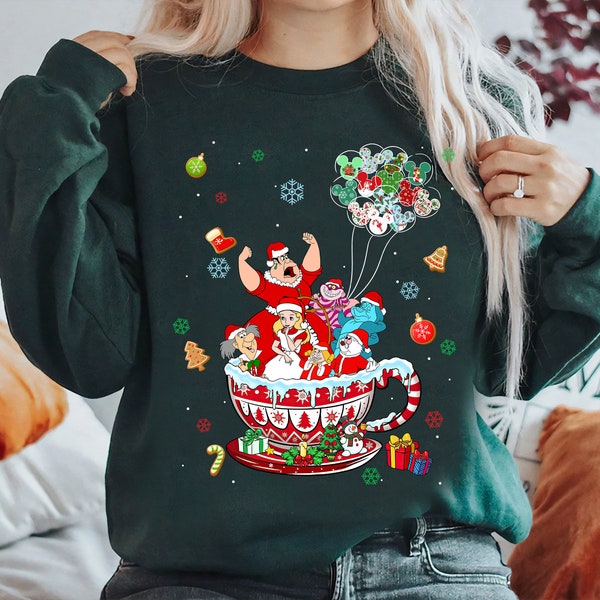 Disney Alice in Wonderland Coffee Cup Christmas Sweater, Disney Xmas Latte Drink Cup Lights Shirt,Alice Cheshire Cat Mad Hatter White Rabbit