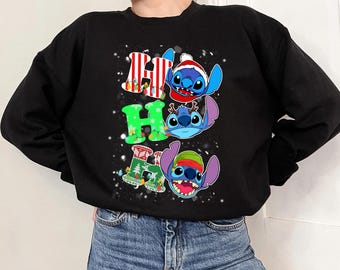 Disney Santa Stitch Ho Ho Ho kerstshirt, Lilo And Stitch kerstverlichting portret shirt, bijpassende Disneyland kerstgroep shirts
