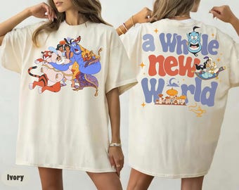Dubbelzijdig Disney Aladdin-personages A Whole New World T-shirt, Jasmine, Aladdin, Genie, Abu-shirt, bijpassende shirts voor Disneyland-familie