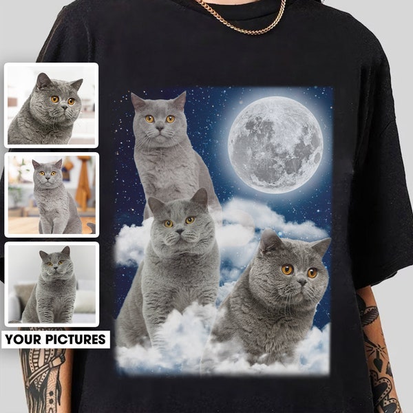 Custom Cat Portrait Shirt, Personalized Pet Cat Portrait, Space Pet Portrait,Custom Your Pet Gift Tee, Cat Owner Shirt, Cat with Moon Shirt