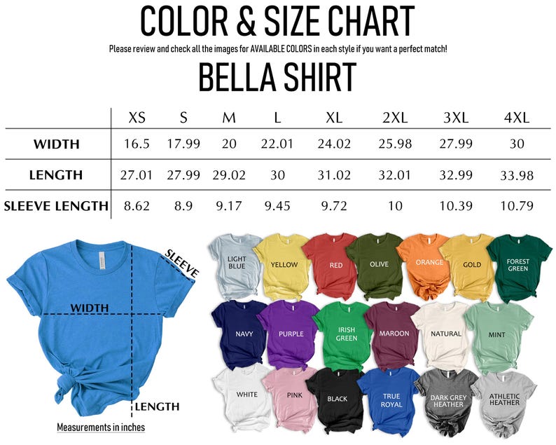 The image is a color and size chart for a blue t-shirt, showing the available colors and corresponding sizes in inches.