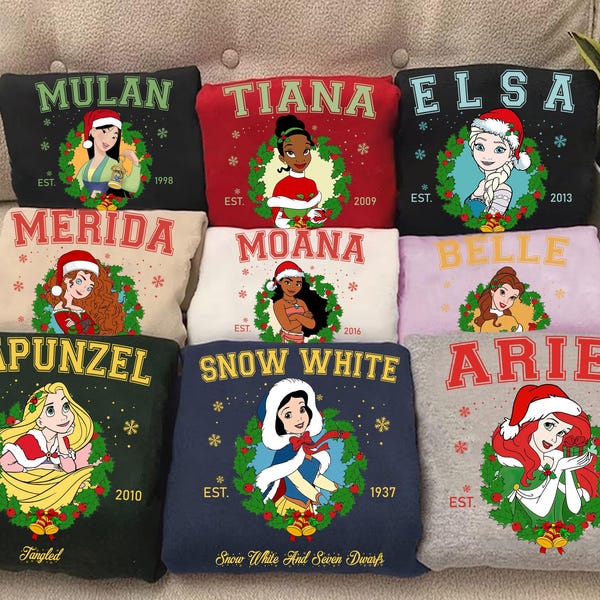 Disney Princess Merry Christmas Shirt, Disney Princess Christmas Wreath Lights Tee, Ariel Snow White Rapunzel Tiana Moana Cinderella Xmas