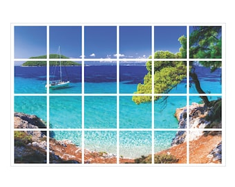 TROPICAL ISLAND BOAT Wall Art, Ocean Backsplash, Art Ceramic Tiles, Aesthetic Island Printed Wall Art, Nature Backsplash Housewarming Gift
