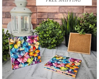4 Cute Ceramic Coasters - Vibrant Floral