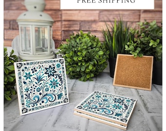 4 Cute Ceramic Coasters - Blue Floral Tile