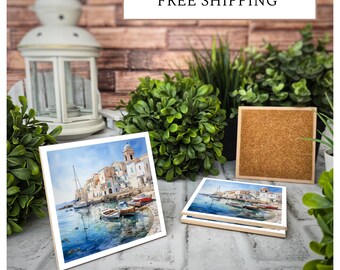 4 Cute Ceramic Coasters - Coastal Waterfront Scene
