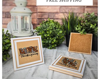 4 Cute Ceramic Coasters - Thanksgiving Love