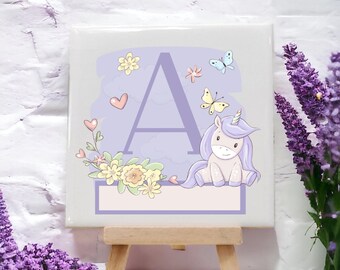 Wall Hanging Ceramic Tile: Purple Unicorn Design - Blank or Custom Name Printing Available!