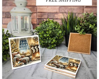 4 Cute Ceramic Coasters - Christmas Fireplace
