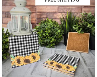 4 Cute Ceramic Coasters - Sunflower Gingham