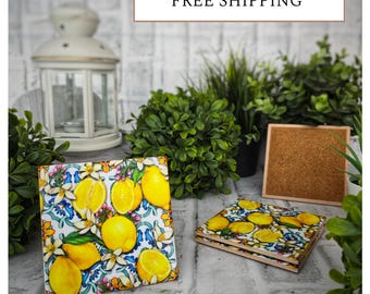 4 Cute Ceramic Coasters - Mediterranean Lemons