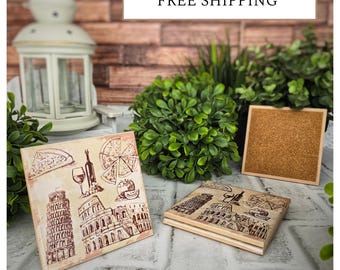 4 Cute Ceramic Coasters - Italian Cuisine and Landmarks
