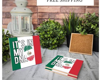 4 Cute Ceramic Coasters - Mexican Flag DNA