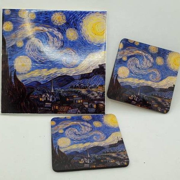 Van Gogh Tile Coasters, Starry Night, Vincent Van Gogh, Ceramic Coasters, Handmade Ceramic Coasters, Housewarming Gift Ideas, 4x4