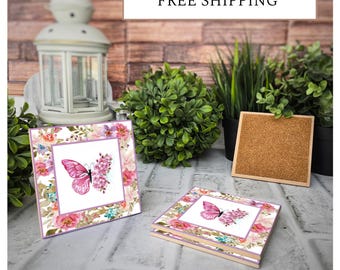 4 Cute Ceramic Coasters - Butterfly Floral Elegance