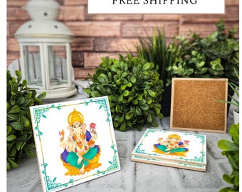 4 Cute Ceramic Coasters - Indian GaneshaI