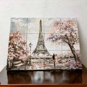 Peel and Stick Ceramic Tiles -  Set of 12 - Pink and Grey Romantic Paris Scene - Free Shipping