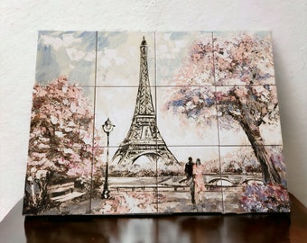 Peel and Stick Ceramic Tiles -  Set of 12 - Pink and Grey Romantic Paris Scene - Free Shipping
