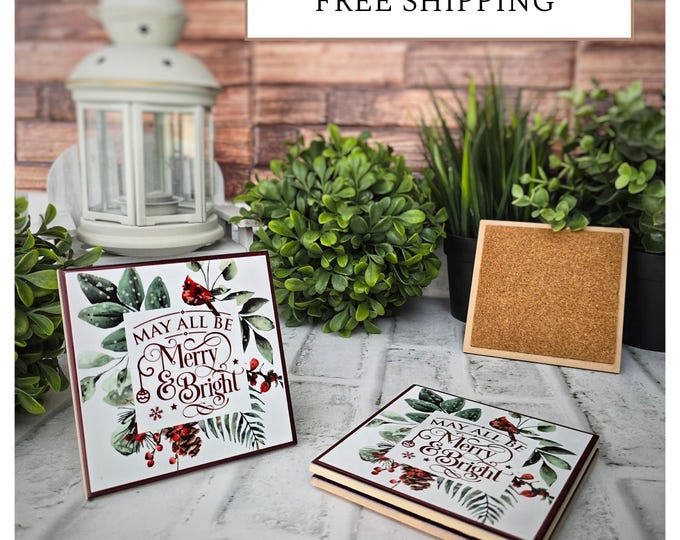 Featured listing image: 4 Cute Ceramic Coasters - Merry & Bright