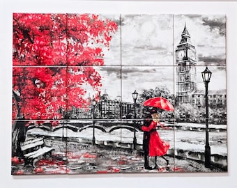 Peel and Stick Ceramic Tiles - Set of 12 - Lovers in London - Bathroom, Kitchen Backsplash - Free Shipping
