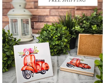 4 Cute Ceramic Coasters - Vintage Vespa Charm