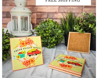 4 Cute Ceramic Coasters - "Fresh Picked Apples" - Fall