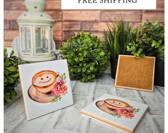 4 Cute Ceramic Coasters - Cappuccino Smile