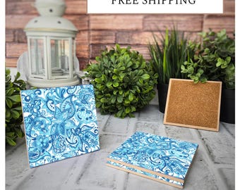 4 Cute Ceramic Coasters - Blue Paisley