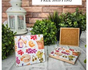 4 Cute Ceramic Coasters - Wine & Cheese Watercolor