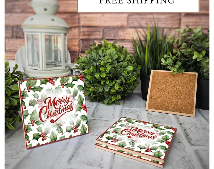 Featured listing image: 4 Cute Ceramic Coasters - Merry Christmas Holly