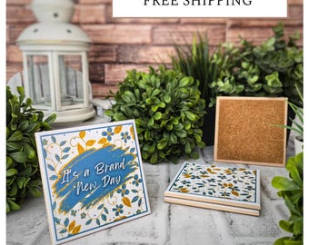 4 Cute Ceramic Coasters - Brand New Day