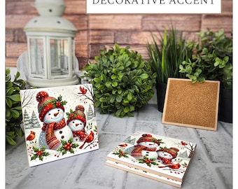 4 Cute Ceramic Coasters - Snowman Family
