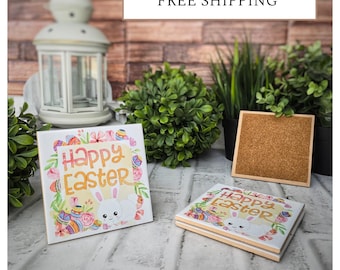 4 Cute Ceramic Coasters - Happy Easter