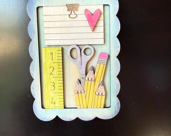 Hand-Painted Teacher Magnet: Pencils, Ruler, Scissors, Heart – Classroom Decor