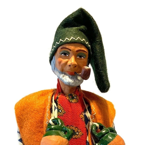 Old Man Smoking Pipe With Jugs On Ropes Around His Neck And In One Hand Marius Chave 1970s Clay Souvenir Figurine Made In Aubagne, France