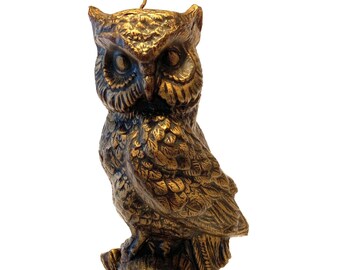 Owl Candle Standing On Log Candle Wax Figurine Brown And Gold 1970s Retro