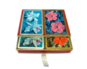 Orchids And Hibiscus Two-Deck Set Playing Cards With Congress Cel-u-tone Finish Red Velour Box